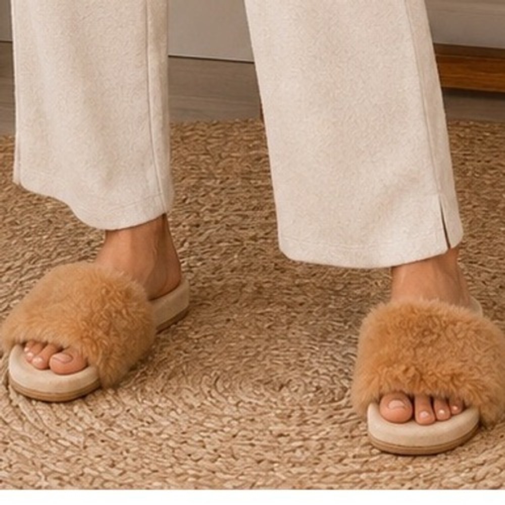 Jenni Kayne Shearling Slide Sandals Camel Beige Made in Italy Womens 37